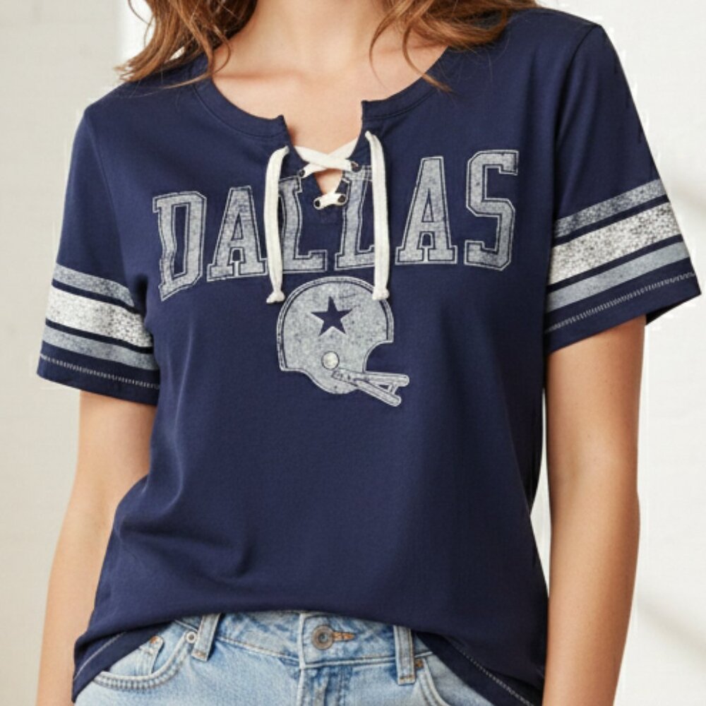 Dallas Cowboys Her Style Navy Blue Cotton Graphic Lace Up V-Neck T-Shirt Size XL